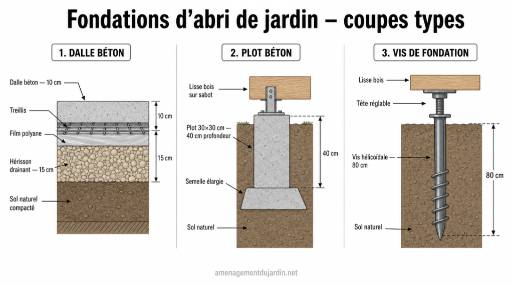 Coupes techniques montrant dalle, plots béton et vis de fondation