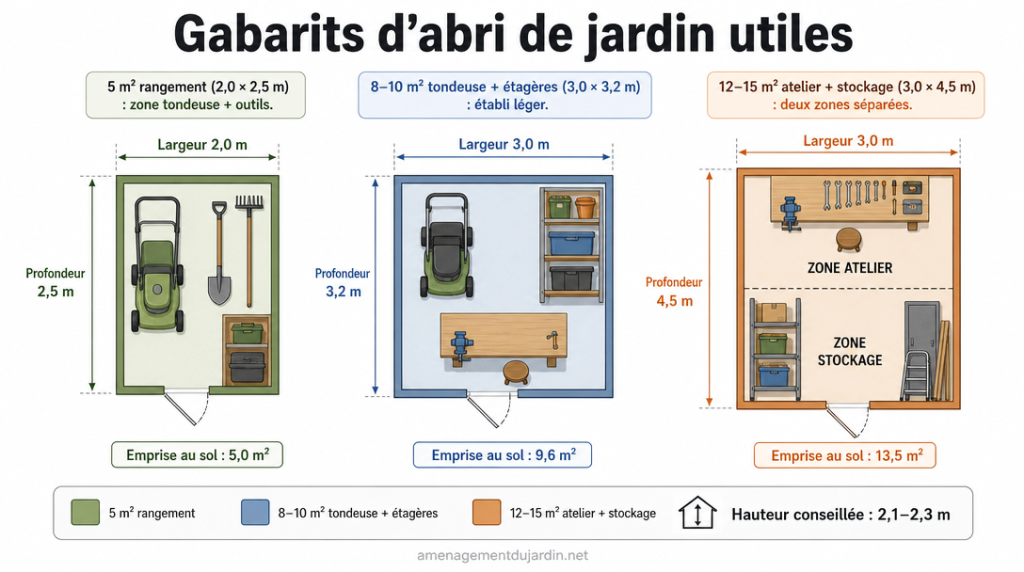 Trois gabarits d’abri vus du dessus avec dimensions indicatives