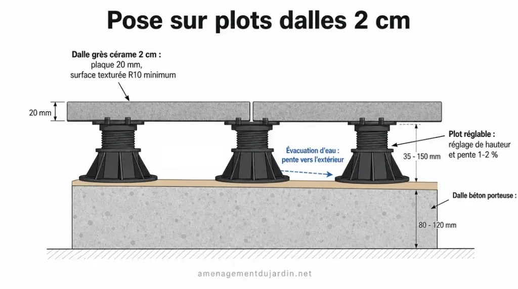 Schéma d’une terrasse en dalles 2 cm sur plots avec pente