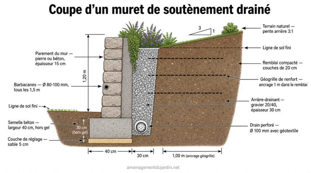 Schéma en coupe du muret avec semelle, drain et barbacanes