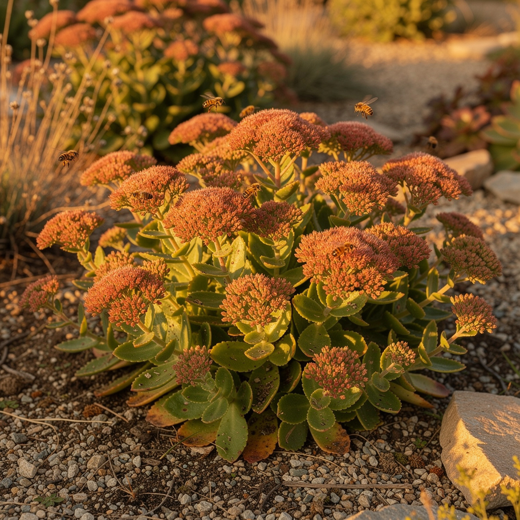 Têtes cuivrées de sedum en automne avec abeilles