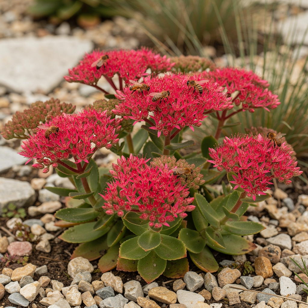 Ombelles de sedum Neon rose vif en rocaille en fin d’été