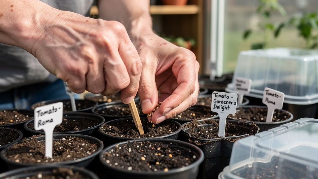 Mains semant des tomates en godets, brumisateur et étiquettes