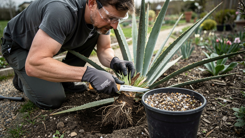 Mains gantées séparant un rejet d’agave avec couteau et plantoir