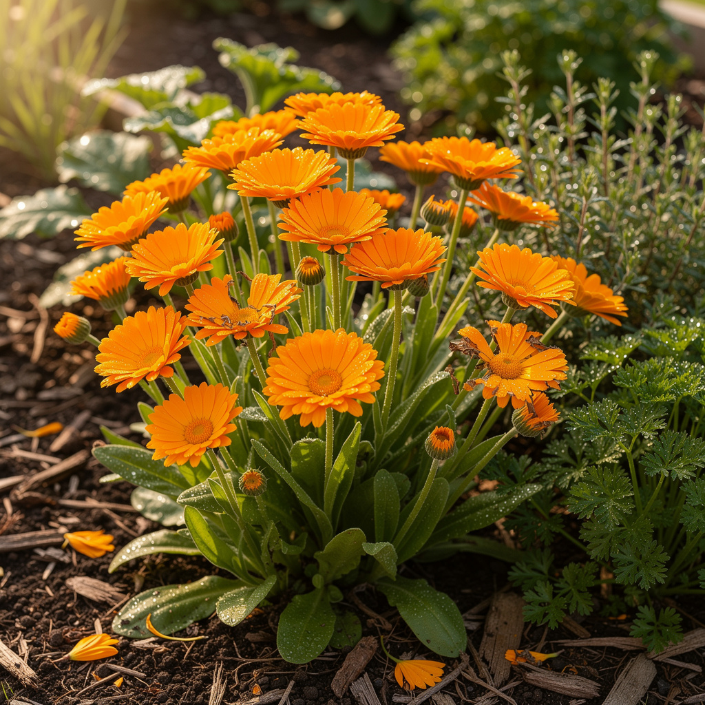 Fleurs de souci jaune et orange en bordure potagère