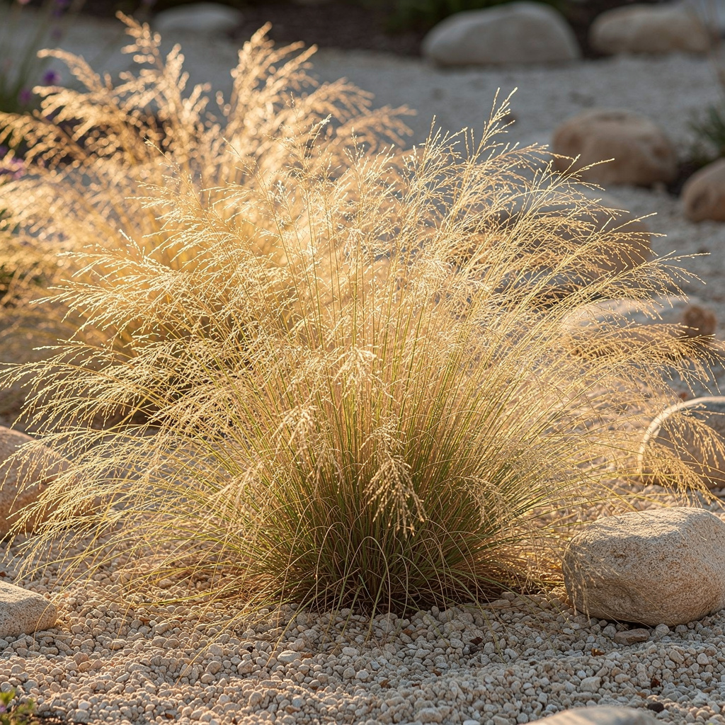 Touffe de stipa aux filaments blonds mouvants au soleil