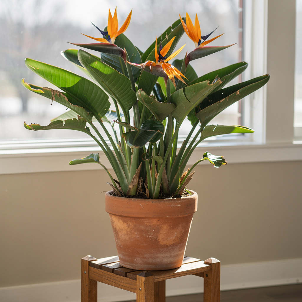Fleur d’oiseau de paradis orange et bleue en intérieur