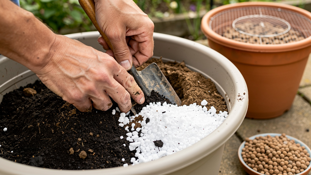 Mains mélangeant terreau agrumes, compost et perlite