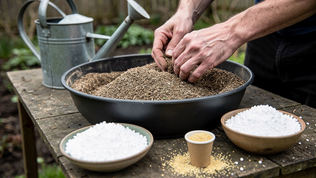 Mains mélangeant terreau, sable et perlite pour boutures