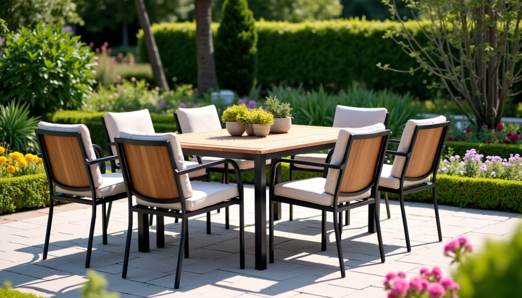 Table en bois et chaises coussinées sur terrasse de jardin