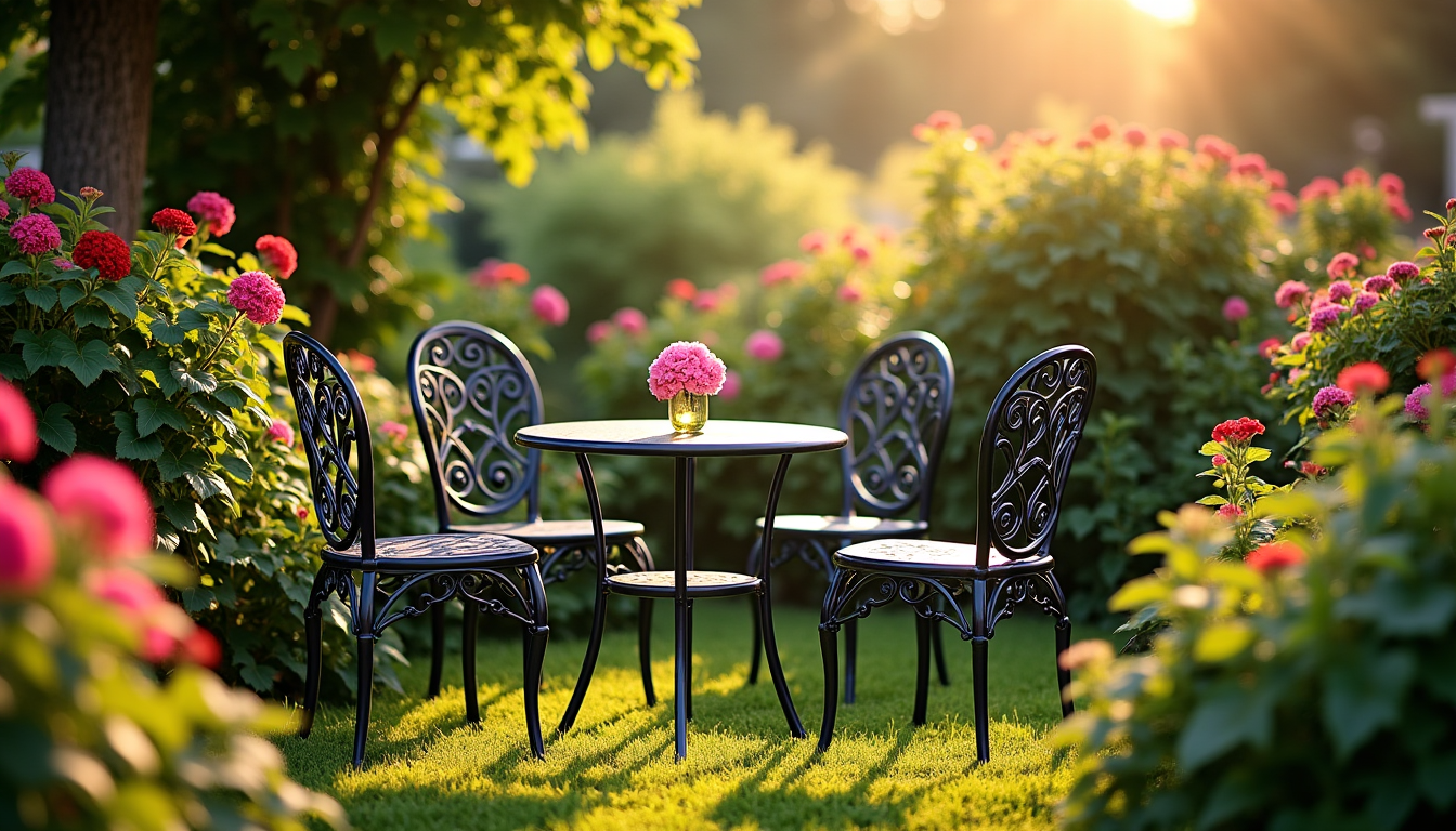 Table ronde métal et quatre chaises, bouquet rose au jardin