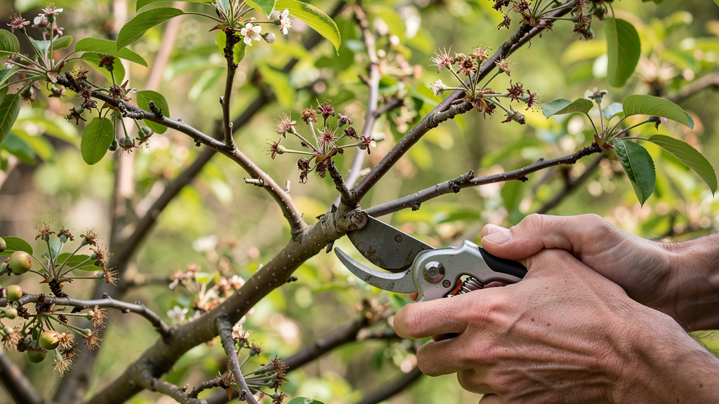 Sécateur coupant un rameau après floraison sur pommier ornemental