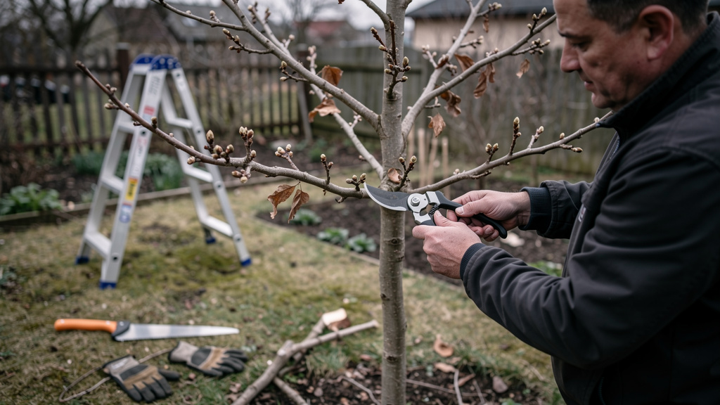 Jardinier taillant une branche basse au sécateur à lames
