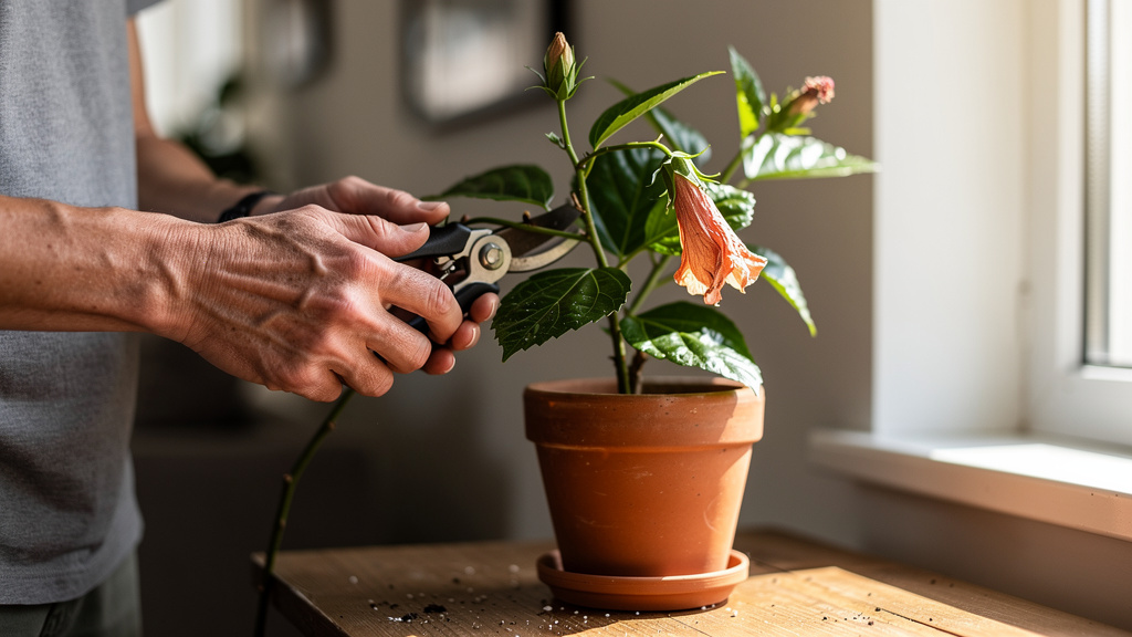 Taille légère d’un hibiscus d’intérieur près d’une fenêtre lumineuse