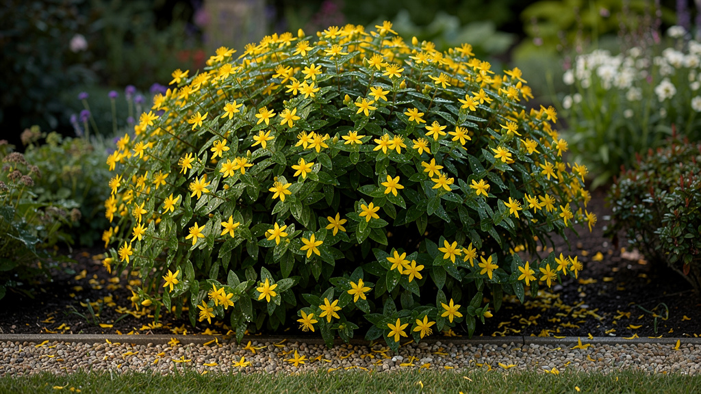 Arbuste de millepertuis en fleurs au port compact