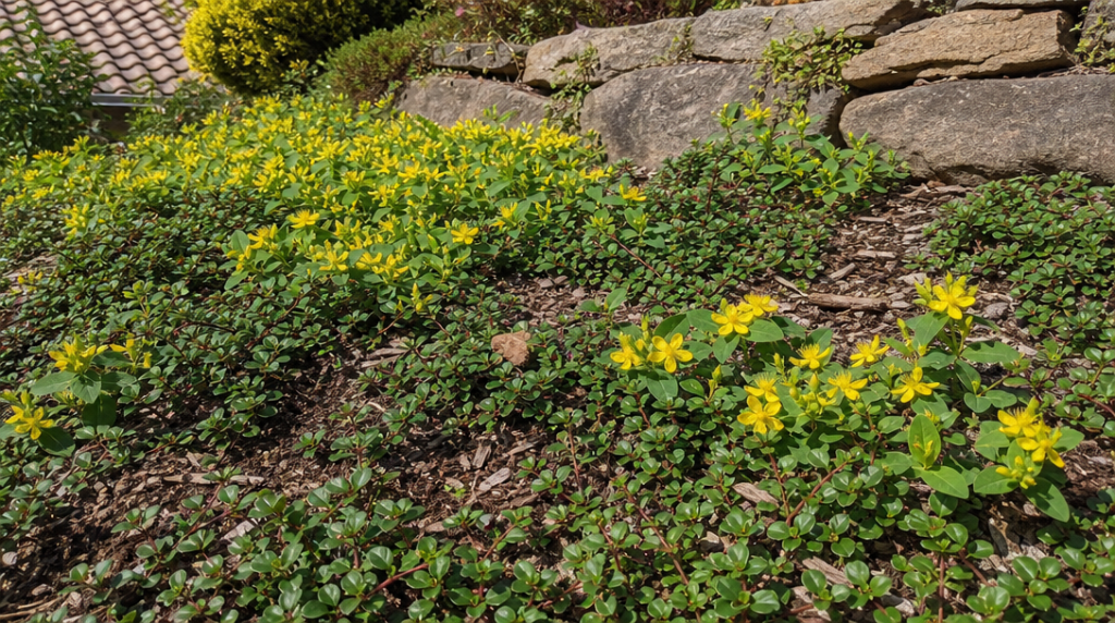 Talus ensoleillé couvert de millepertuis et cotoneaster paillé