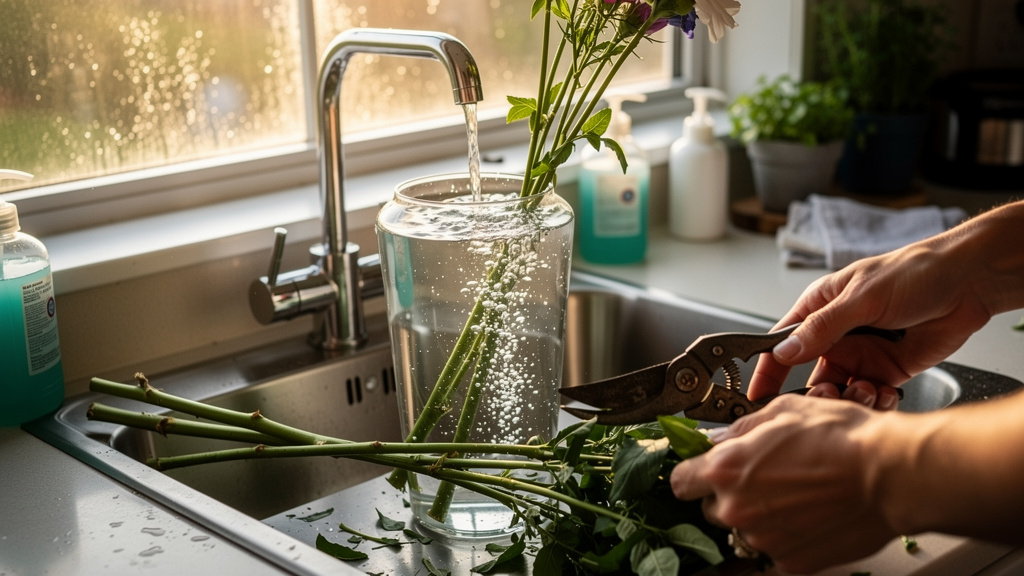 Vase au robinet, eau claire et recoupe des tiges