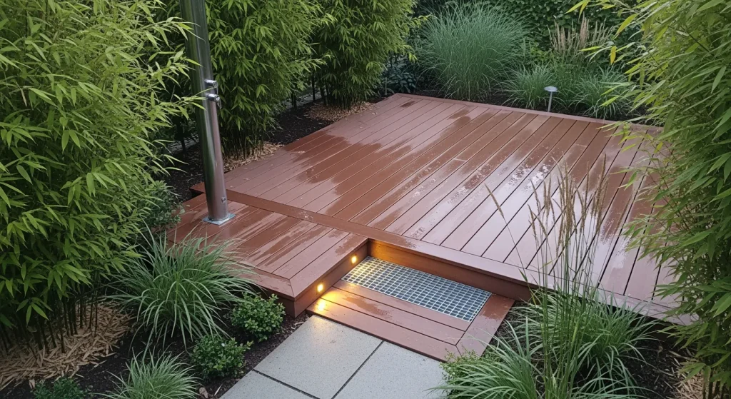 Terrasse composite antidérapante avec éclairage et plantations