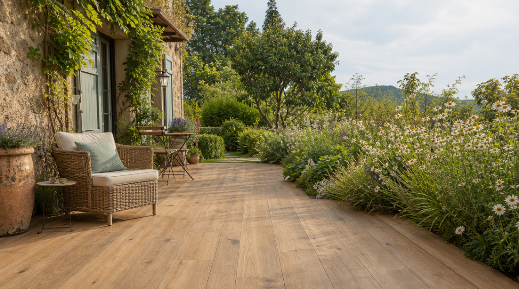 Terrasse en bois cérame 30x120 tons miel devant jardin naturel