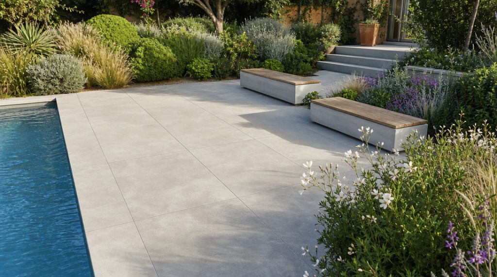 Terrasse en grès cérame 2 cm avec piscine et massifs