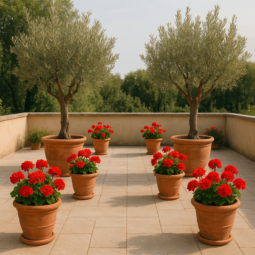 Pots en terre cuite, oliviers nains et géraniums rouges, jardin italien