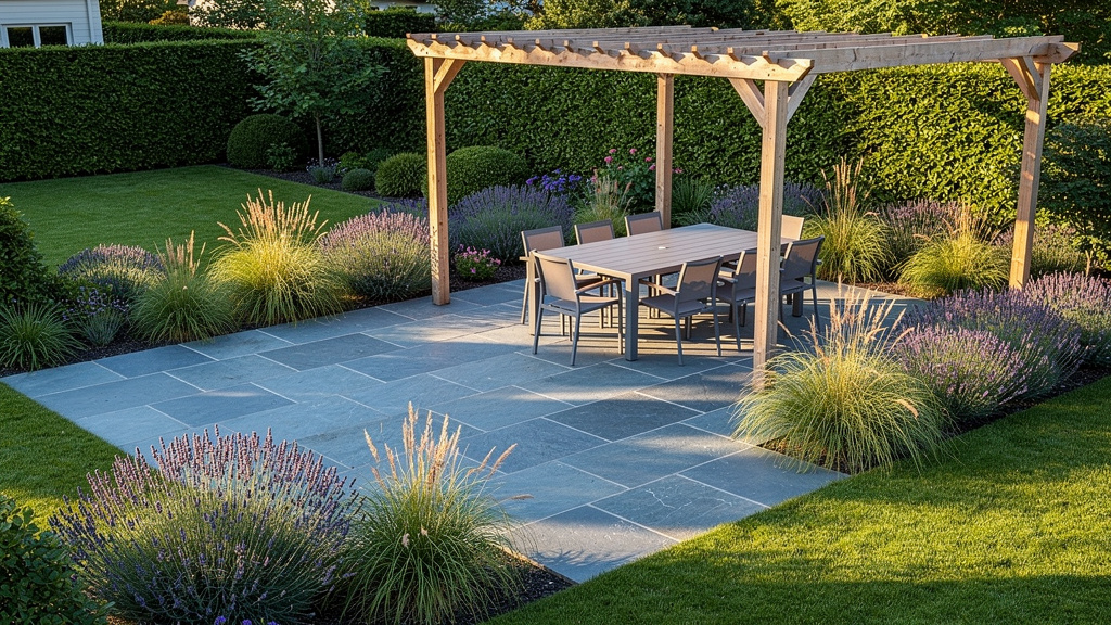 Terrasse en pierre bleue, pergola et massifs en fin de printemps