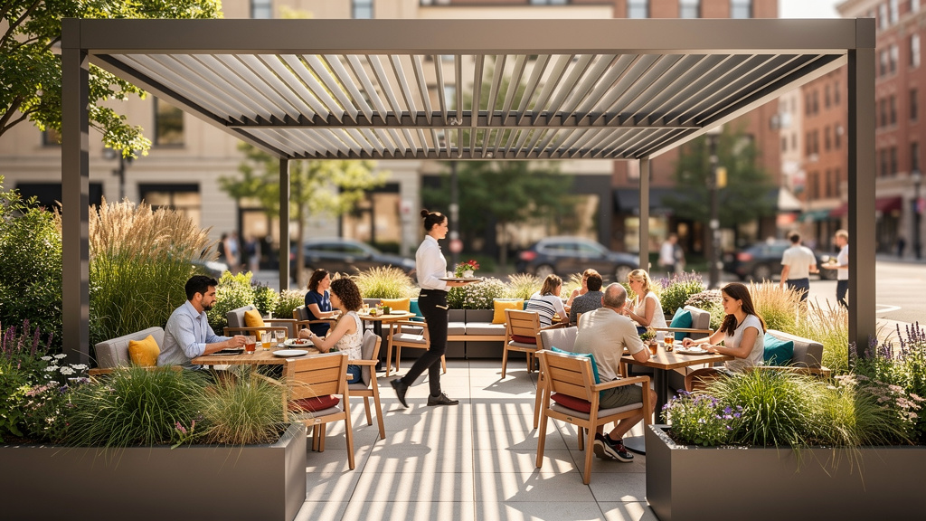 Serveur circule sous pergola avec clients attablés