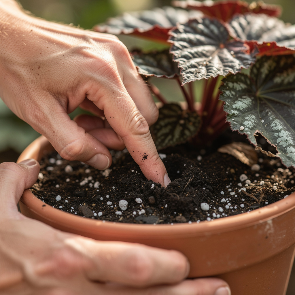 Doigt vérifiant l’humidité du substrat d’un bégonia en pot