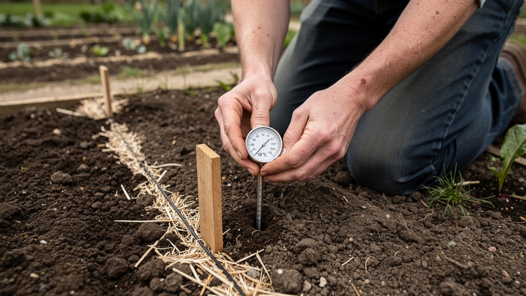 Thermomètre de sol indiquant 10 °C dans un potager