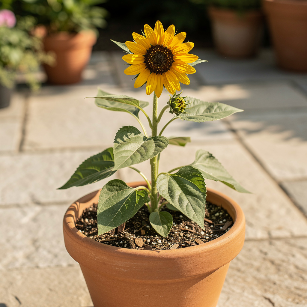 Tournesol compact jaune en pot terracotta