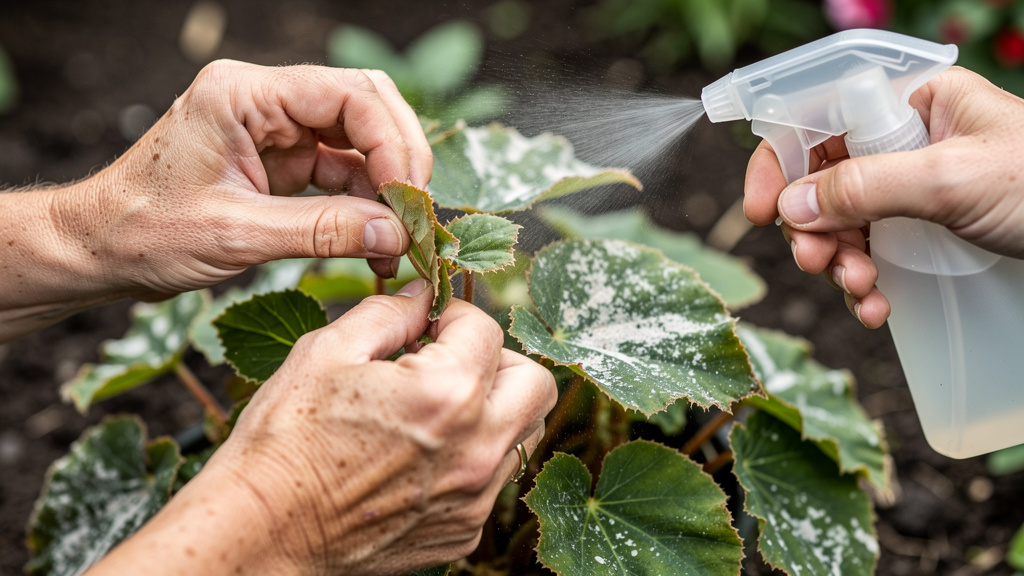 Feuilles de bégonia avec oïdium traitées au pulvérisateur