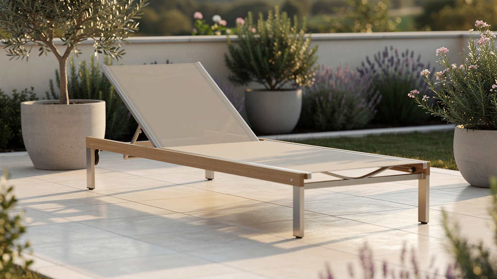 Bain de soleil aluminium beige sur terrasse, plantes en pots