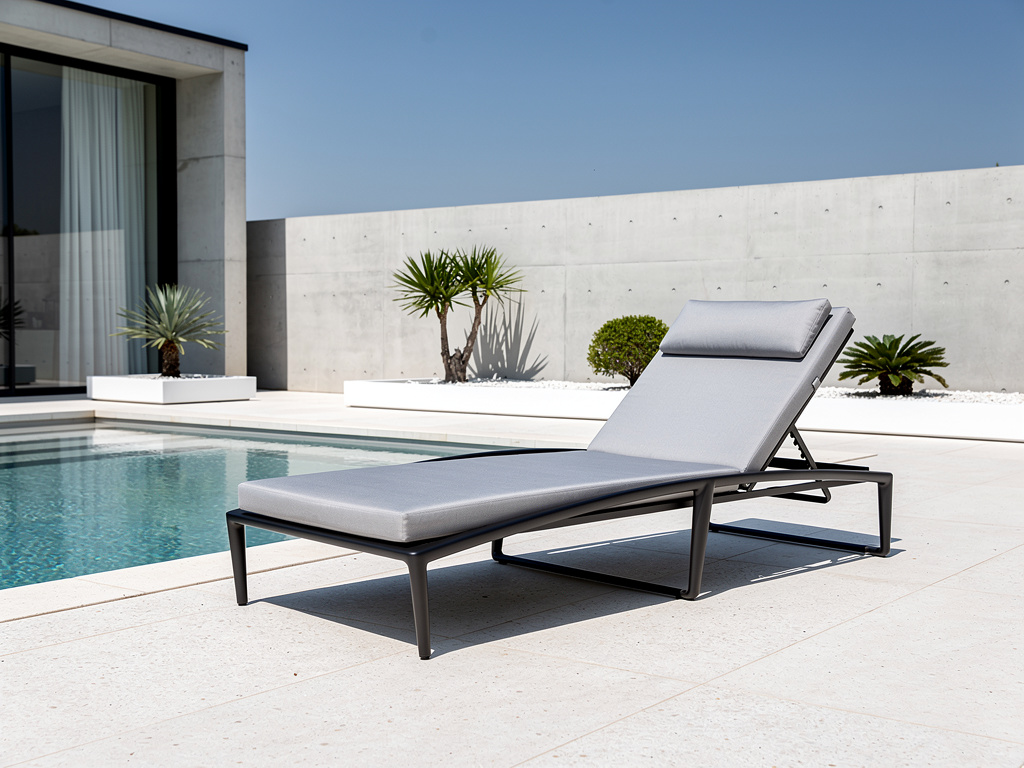 Transat gris avec appuie-tête près d’une piscine moderne
