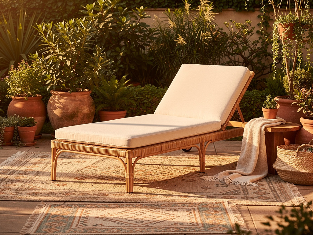 Transat rotin coussin écru, tapis extérieur, pots en terre cuite