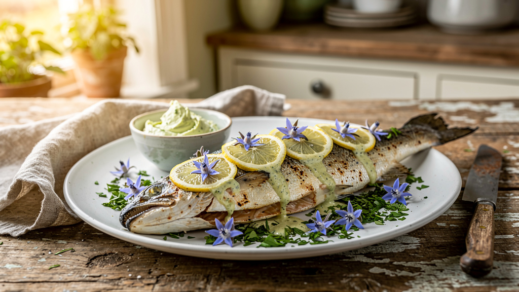 Filet de truite grillé garni de beurre à la bourrache et fleurs