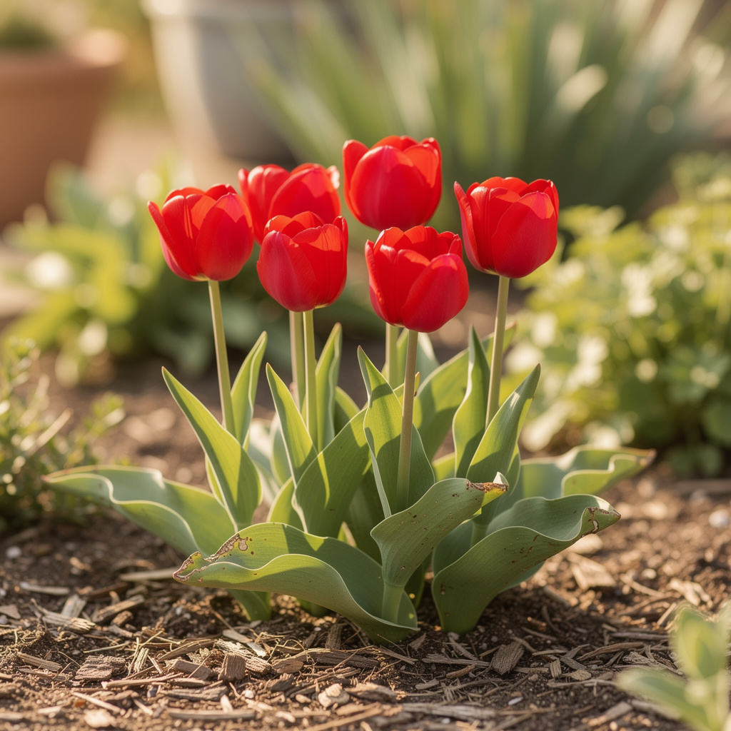 Groupe de tulipes Darwin rouges au soleil printanier