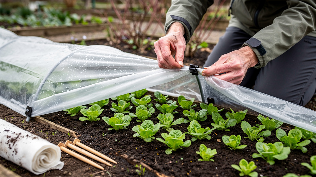 Jardinier relève un tunnel bas, jeunes salades à l’intérieur