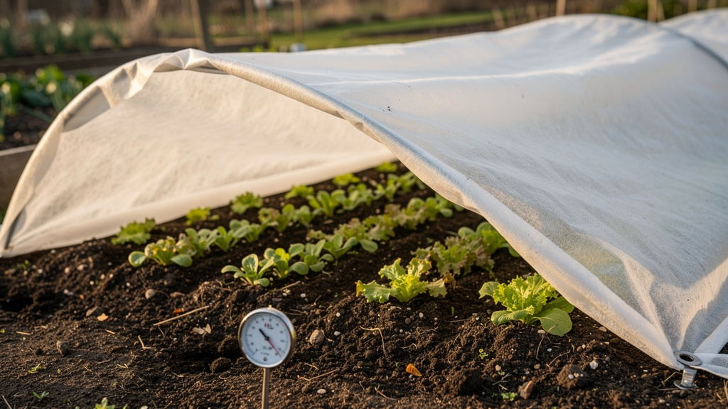 Petit tunnel avec voile relevé et thermomètre de sol à 16 °C