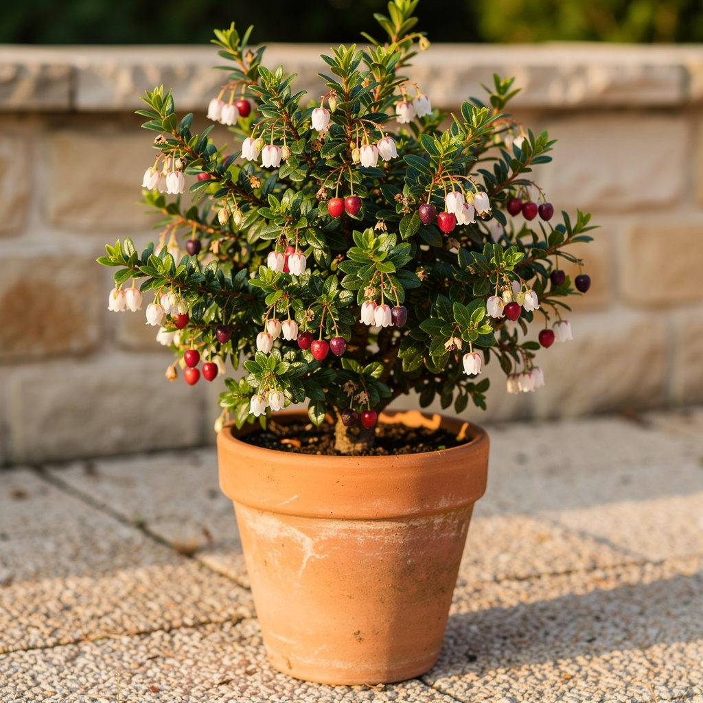 Ugni en pot avec clochettes blanches et baies rouges