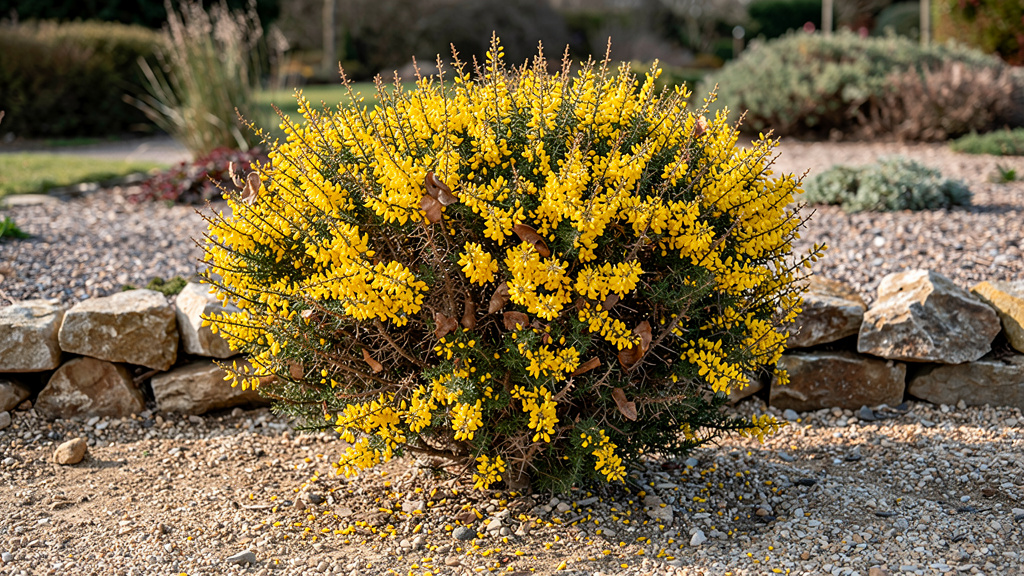 Ajonc dense aux fleurs jaunes vives sur sol caillouteux