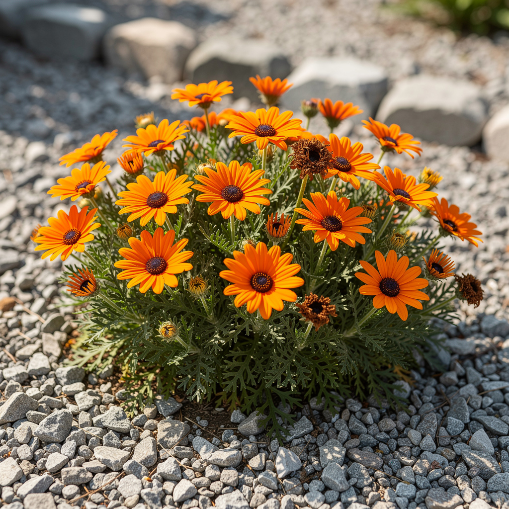 Fleurs orange d’Ursinia au cœur sombre sur gravier
