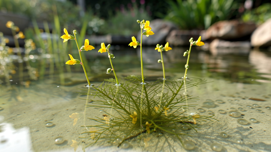 Fleurs jaunes d’utriculaire émergentes sur eau calme
