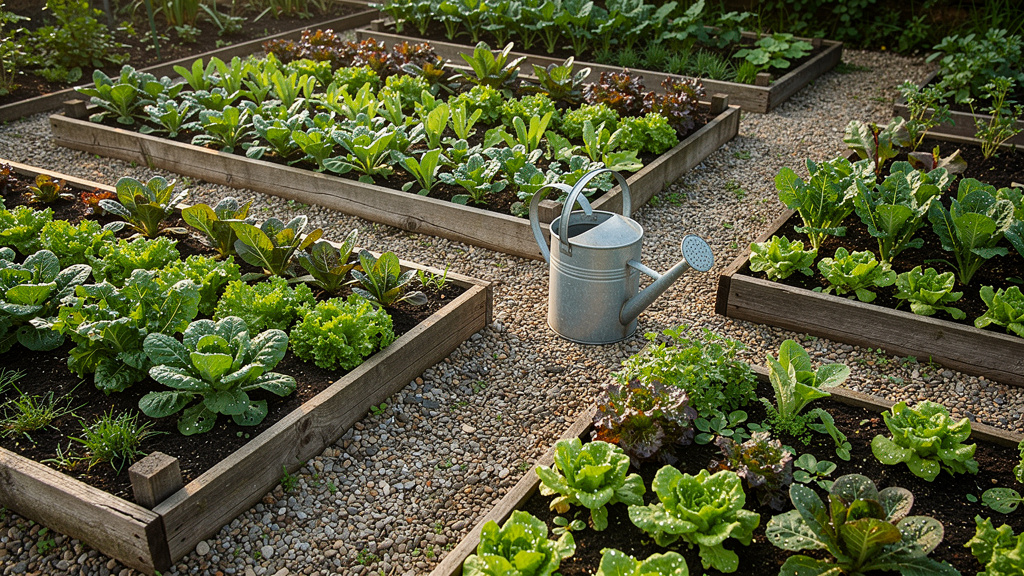 Potager avec rangs de laitues, chicorées et mâche
