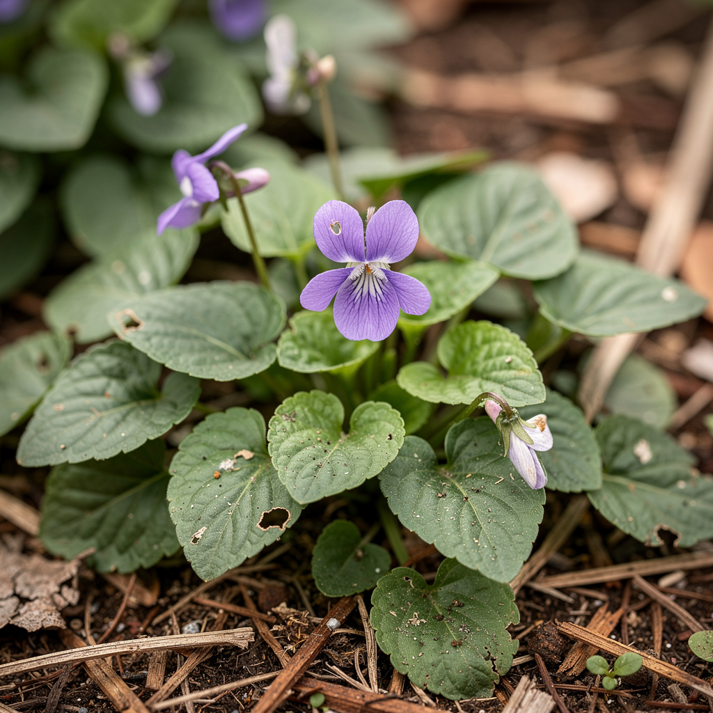Fleurs basses de Viola odorata avec feuilles en cœur et éperon