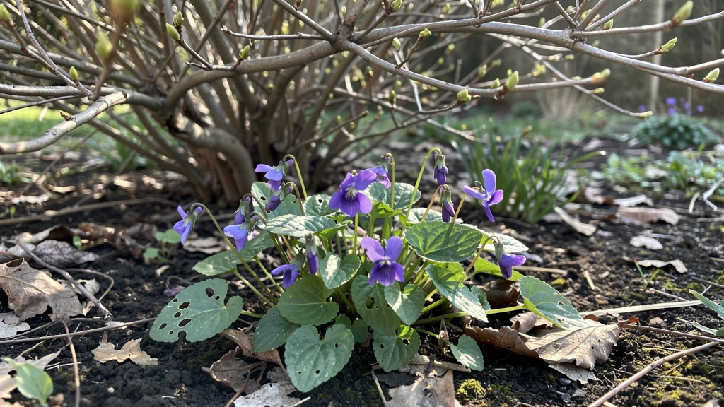 Violettes en floraison sous un arbuste caduc en lumière tamisée