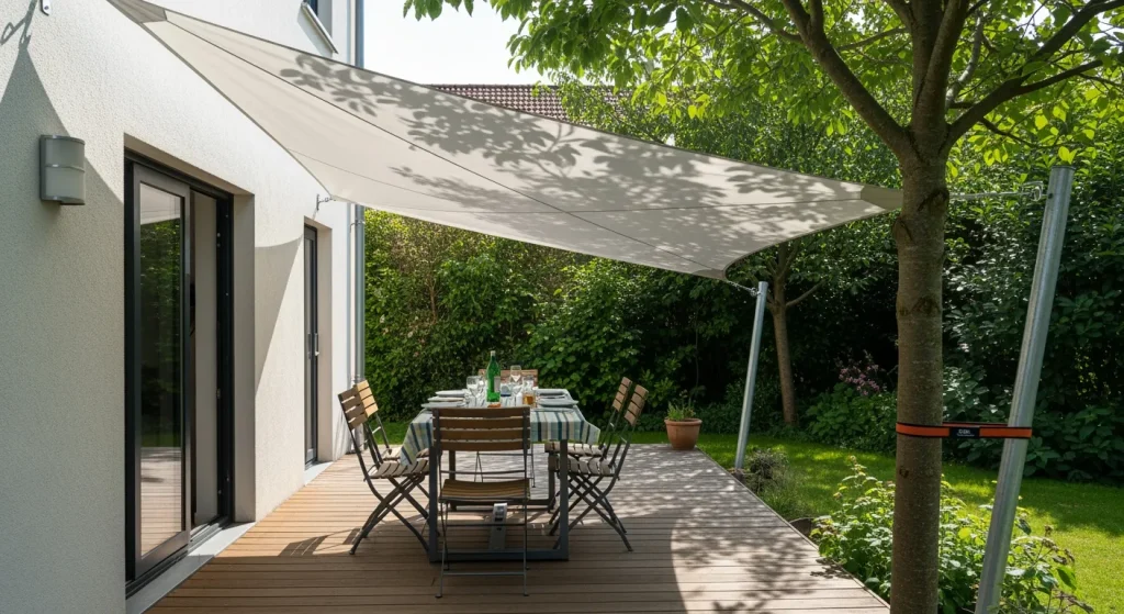 Voile d’ombrage inclinée au-dessus d’une terrasse bois avec coin repas