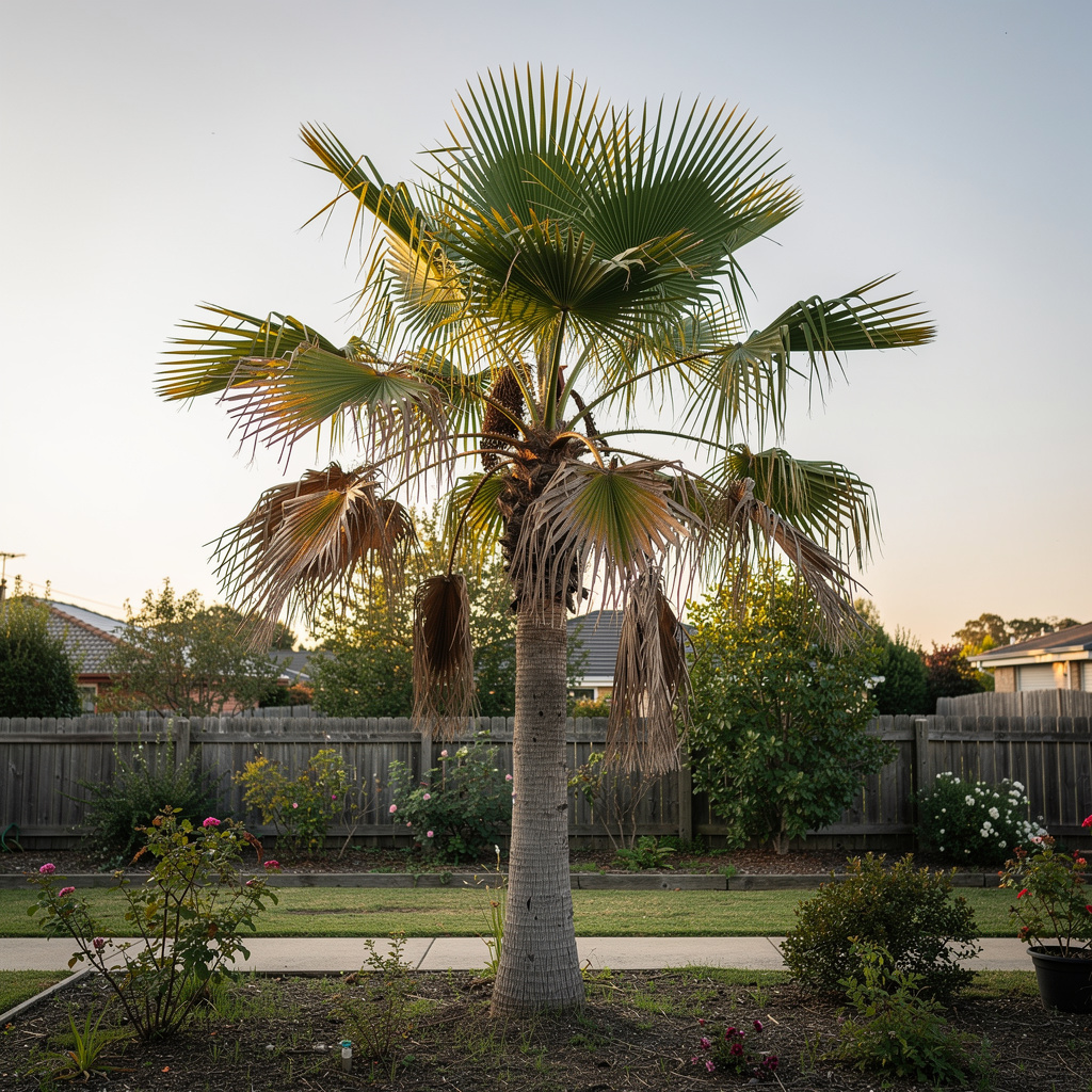 Washingtonia avec jupe de palmes sèches et feuilles en éventail