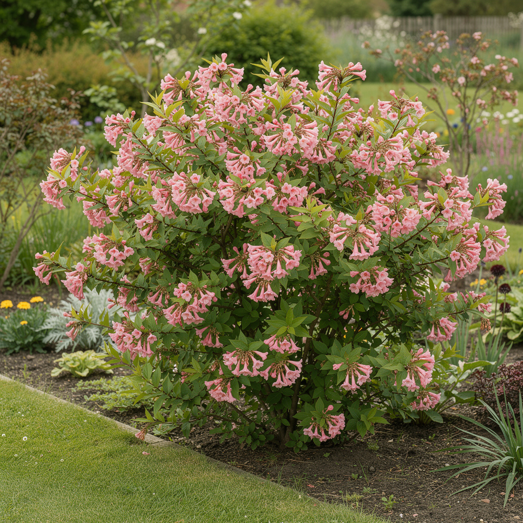 Weigela arrondi couvert de fleurs roses au printemps
