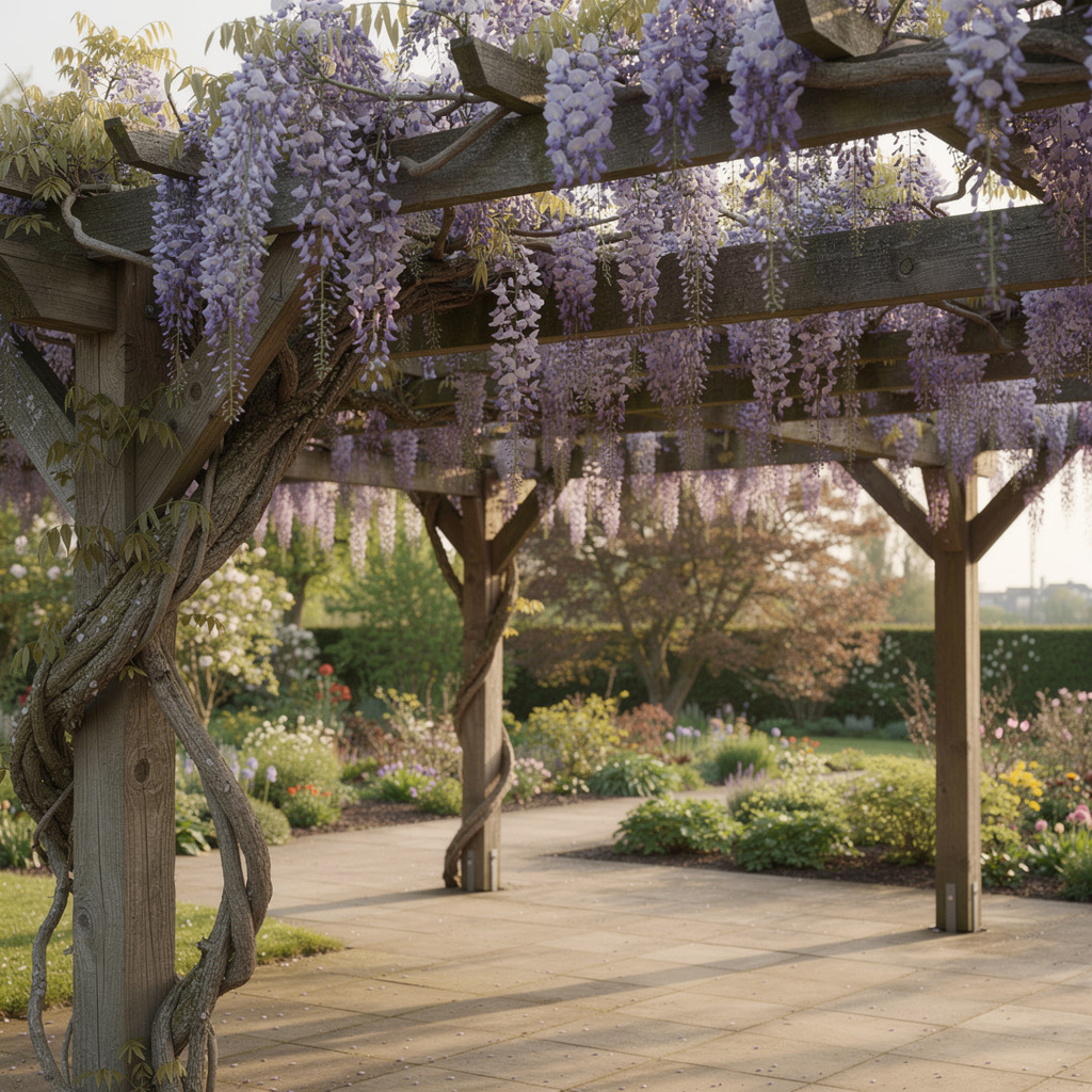 Longues grappes violettes de glycine sur pergola en bois
