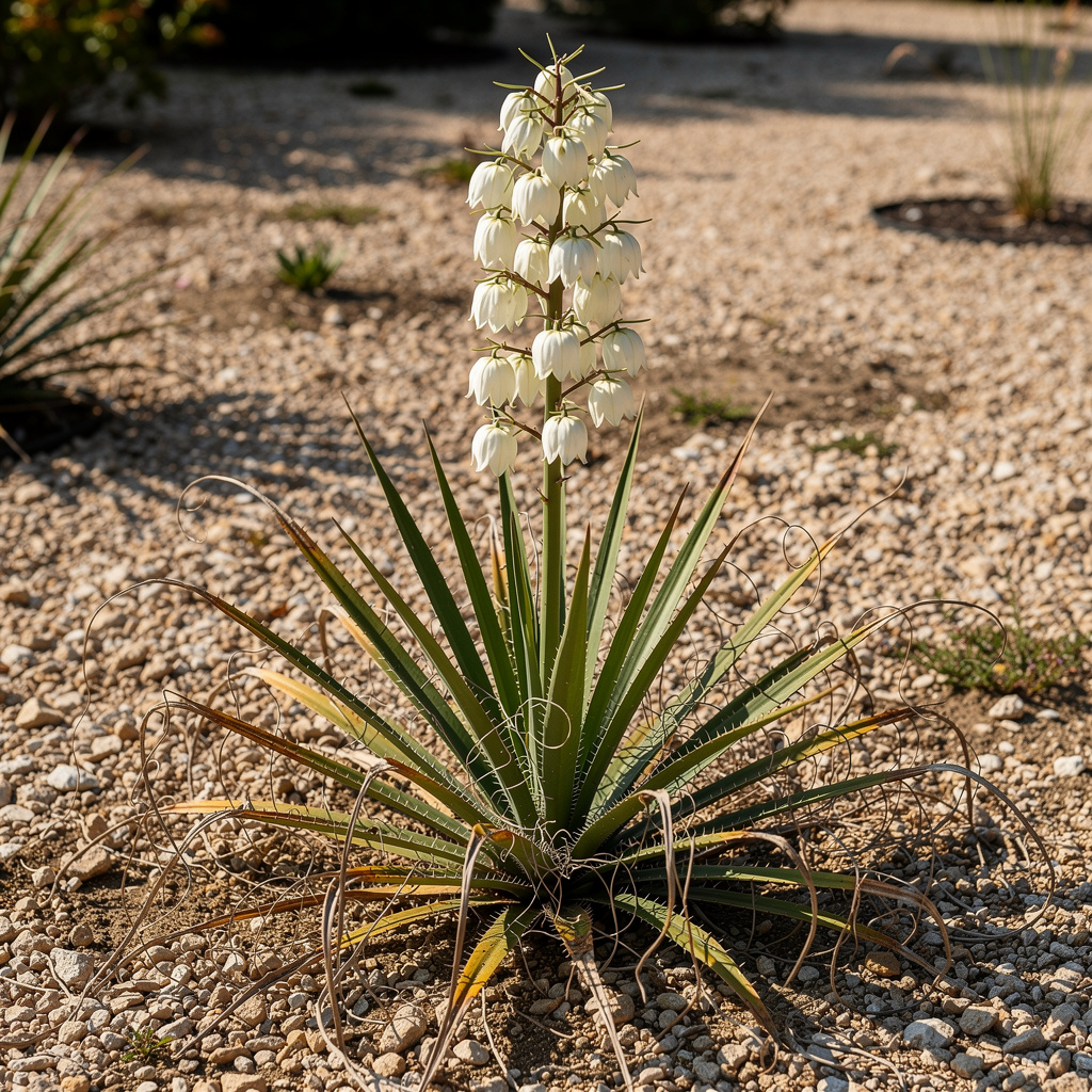 Rosette de yucca et grande hampe de clochettes blanches